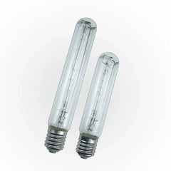 Two marine halogen bulb floodlight tubes with E40 base, clear glass, and tungsten filament.
