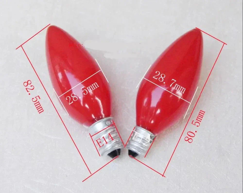 E14 220v 15w red miniature bulbs with dimensions 82.5mm x 28.5mm and 80.5mm x 28.7mm