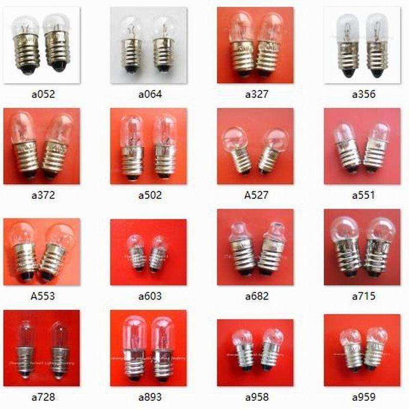 Set of 10 instruments bulb screw E10 lamp holders in various voltages with metal screw base and clear glass bulbs