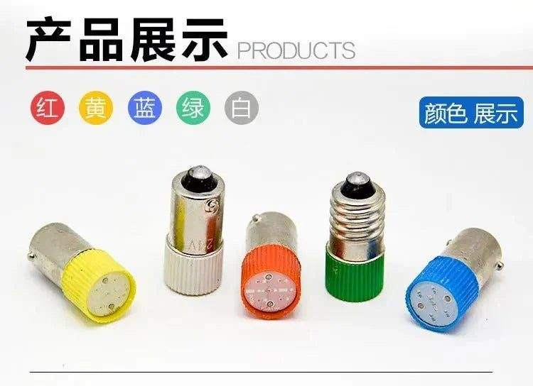 Mini LED BA9S E10 indicator light bulbs in red yellow blue green white colors with bayonet screw and side button design