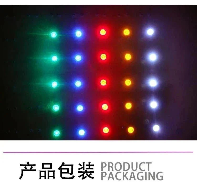 E10 screw LED indicator bulbs in red yellow blue green and white glowing in rows on black background