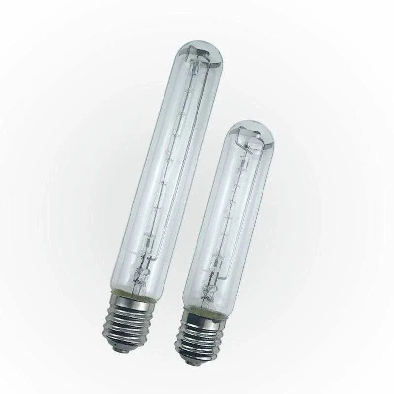 Two marine halogen bulb floodlight tubes with E40 base, clear glass, and tungsten filament.