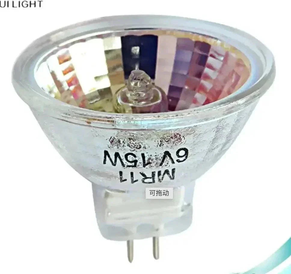 Halogen bulb 6v 5w MR11 with reflective surface and two-pin base close-up