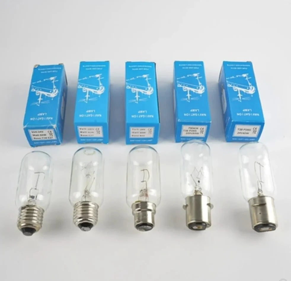 Set of five navigation lamp bulbs with blue packaging boxes, compatible with B22d and E27 sockets, suitable for marine seismic use, 24V to 220V, 40W to 65W power range.