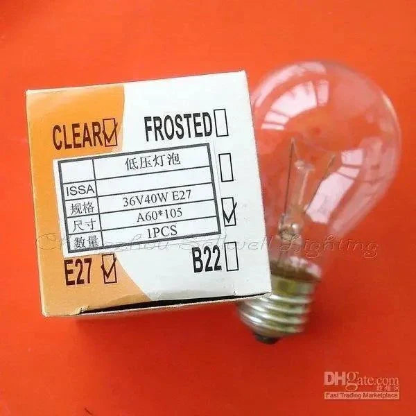 E27 36v 40w clear A60x105 lamp bulb with packaging box on orange background