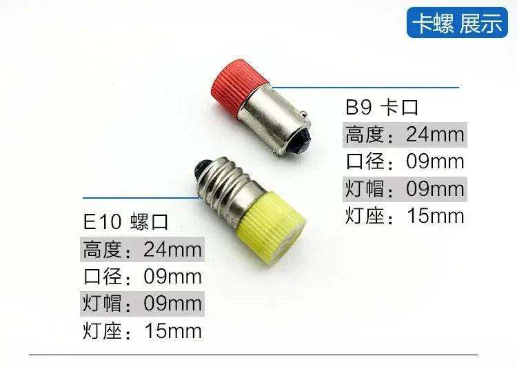Mini LED BA9S and E10 indicator light bulbs red and yellow bayonet screw and threaded base 24mm height 9mm diameter 6.3V-380V